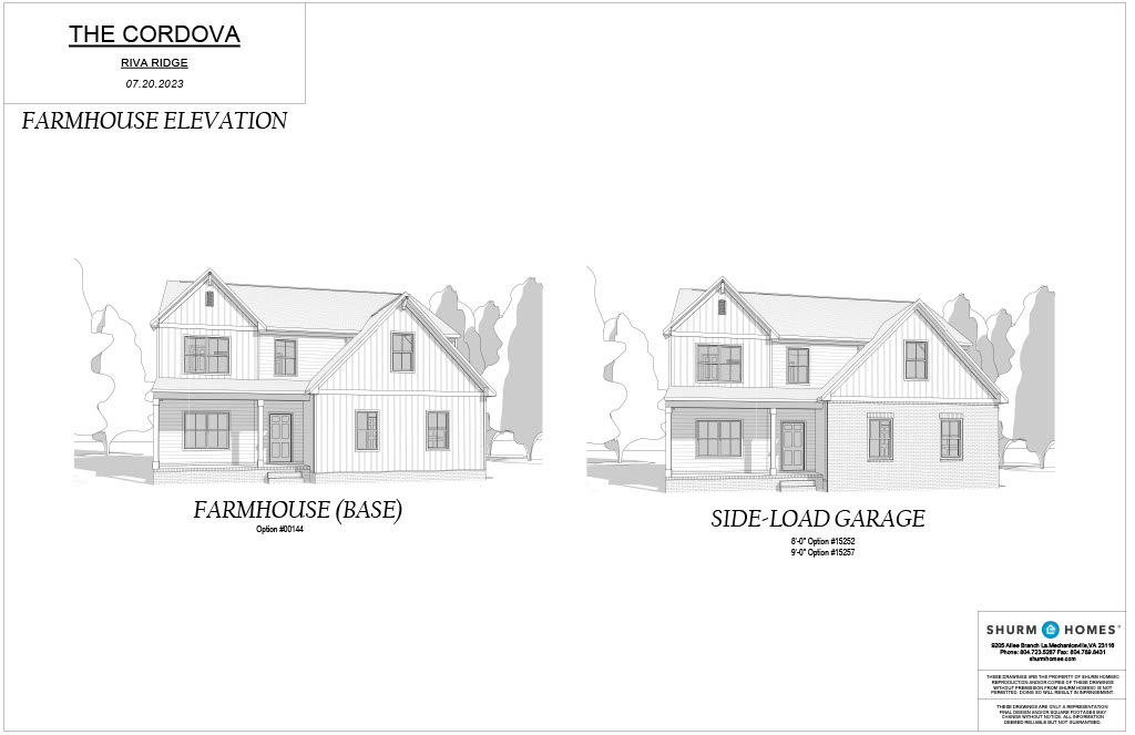 Architectural drawing of "The Cordova" farmhouse with side-load garage elevation from Shurm Homes, dated 07.20.2023, showing two exterior views labeled "Farmhouse (Base)" and "Side-Load Garage".