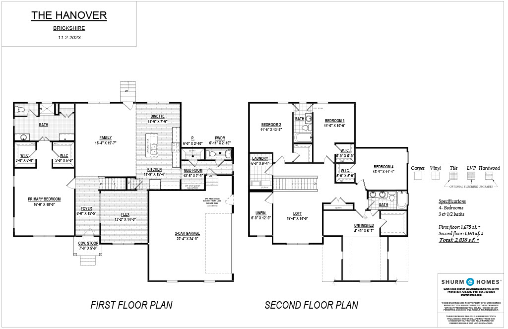 Floor plan labeled "The Hanover" with first and second floor layouts, detailing rooms like bedrooms, bathrooms, kitchen, and garage. Includes specifications and a logo for Shurm Homes.
