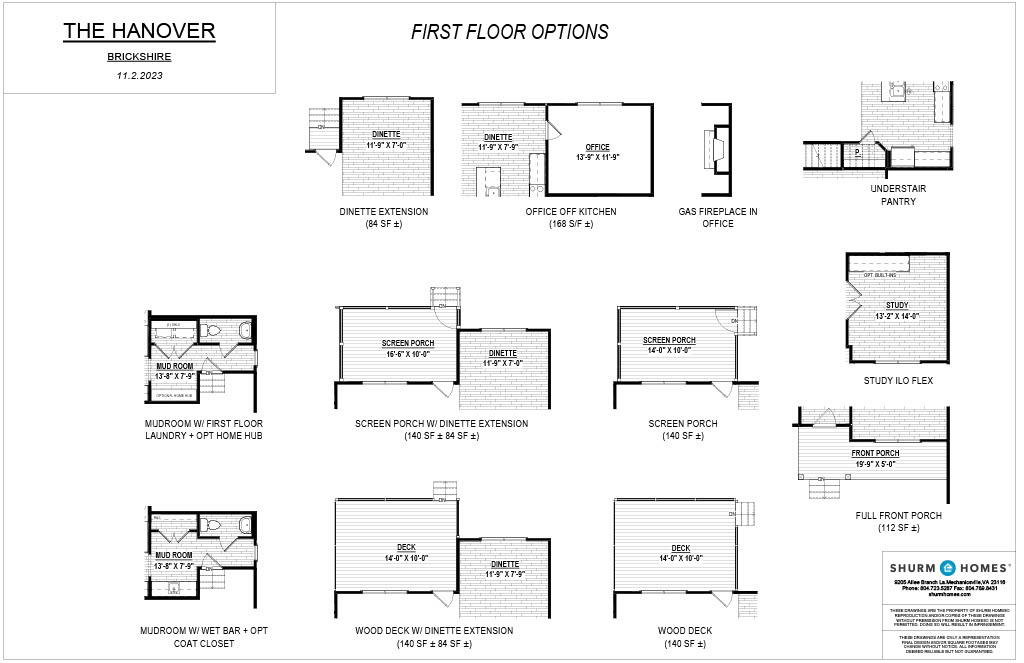 Floor plan showing various first floor options for a property named "The Hanover" in "Brickshire." Includes layouts for mudroom, office, gas fireplace, pantry, porch, and outdoor deck.