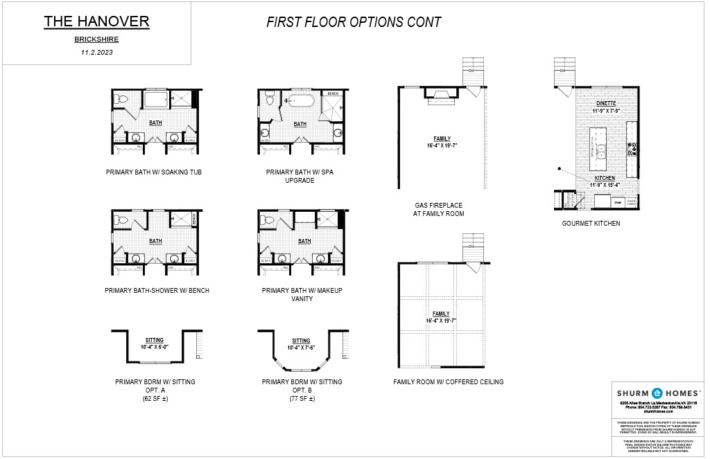 Floor plan options for "The Hanover" first floor, including gourmet kitchen, spa upgrades, fireplaces, and various primary bath and sitting room configurations.