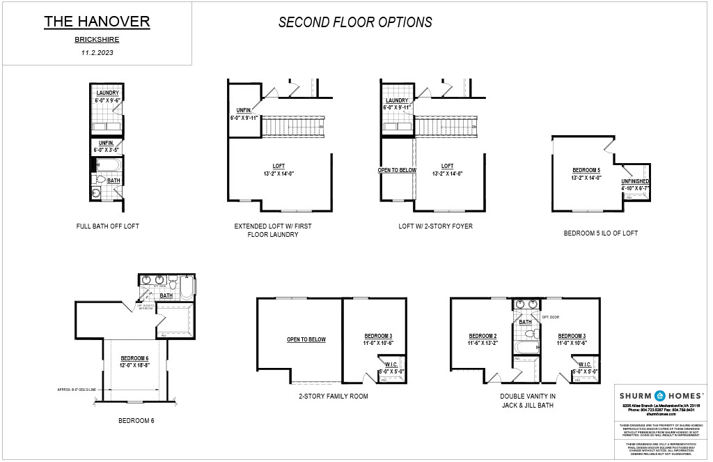 Blueprint of second floor options for "The Hanover" model, featuring various bedroom, loft, and bathroom layouts. Includes a 2-story family room option.