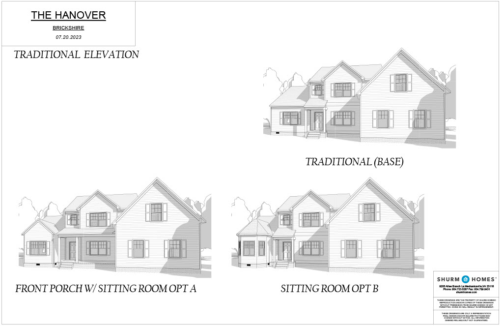 Architectural designs of a house labeled "The Hanover" showing three options: traditional elevation, front porch with sitting room option A, and sitting room option B.