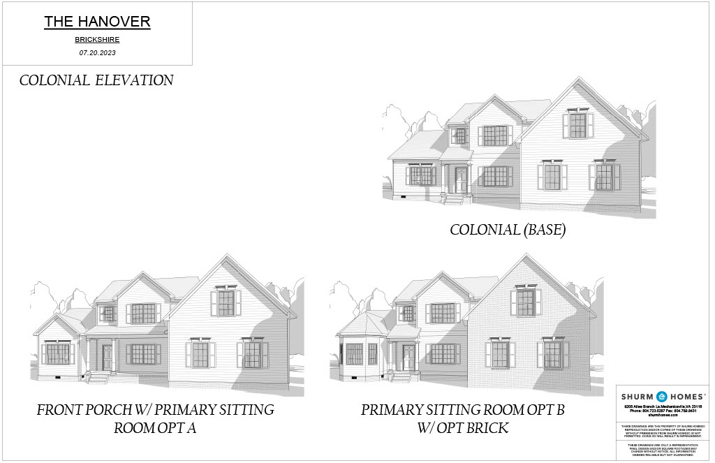 Architectural sketches of a two-story colonial house, featuring different views labeled as Colonial Elevation, Base, Front Porch w/ Primary Sitting Room Option A, and Option B with optional brick.