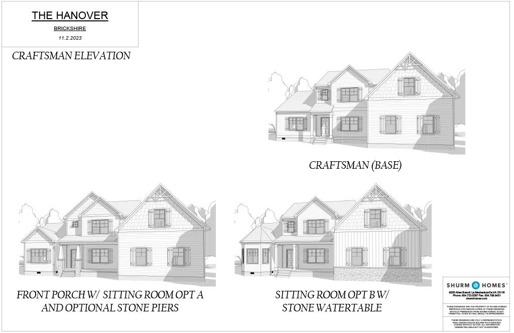 Architectural design of "The Hanover" home, featuring Craftsman style elevation, with options for front porch, sitting room, and stone water table.