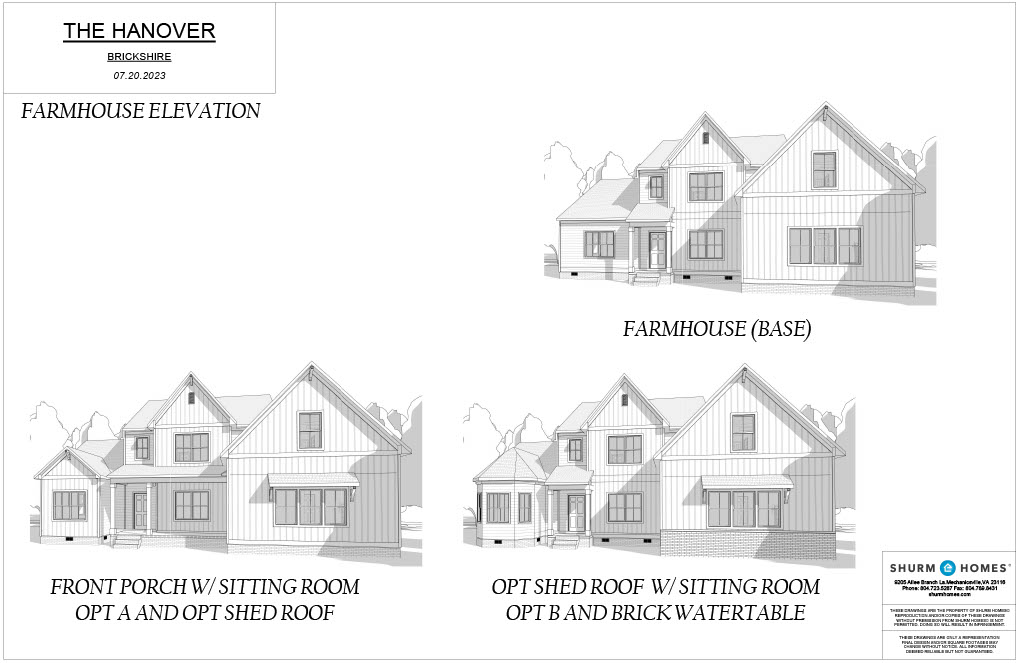 Architectural designs of a farmhouse with base layout, front porch options, and shed roof variations, labeled with details.