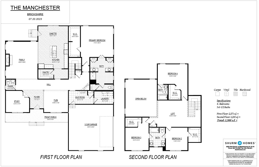 Floor plan for "The Manchester" featuring a two-story layout with multiple bedrooms, a kitchen, family room, loft, and garage. Includes detailed room dimensions and layout labels.