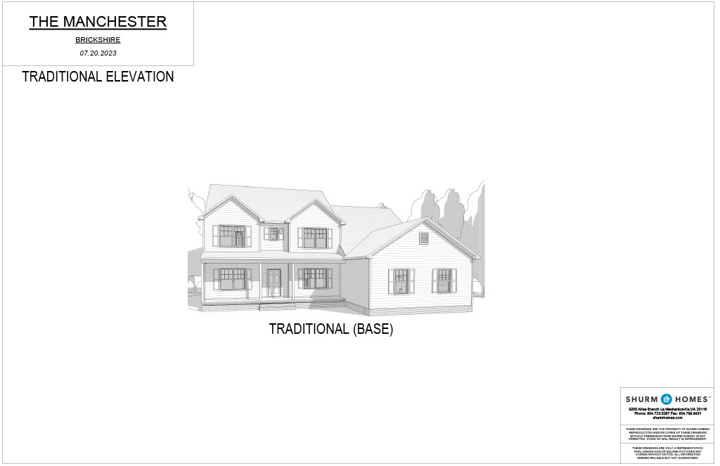 Architectural illustration of a traditional house with two stories, a gabled roof, and a porch. Labeled "The Manchester Traditional Elevation.