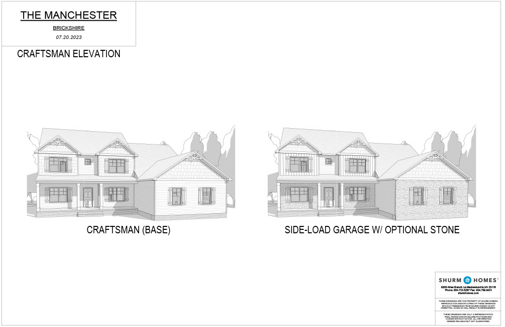 Architectural drawing of The Manchester home featuring two elevation options: Craftsman (Base) and Side-Load Garage with Optional Stone.