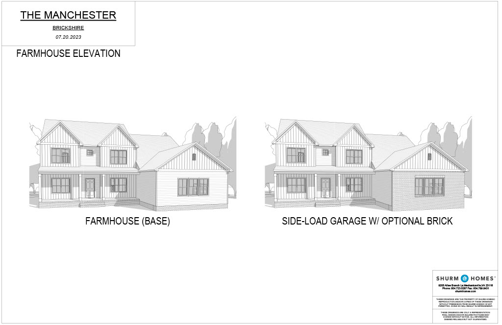 Architectural drawing showing two designs of "The Manchester" farmhouse: one with a base style and another with a side-load garage and optional brick.