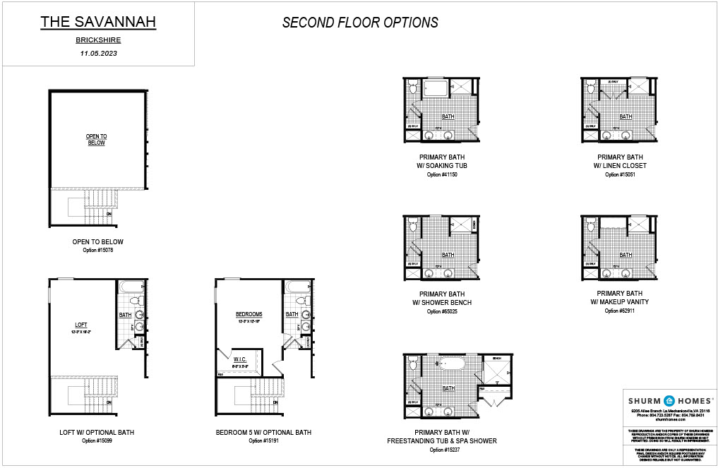 Blueprint of The Savannah's second floor options, including bedroom layouts and various bathroom configurations.