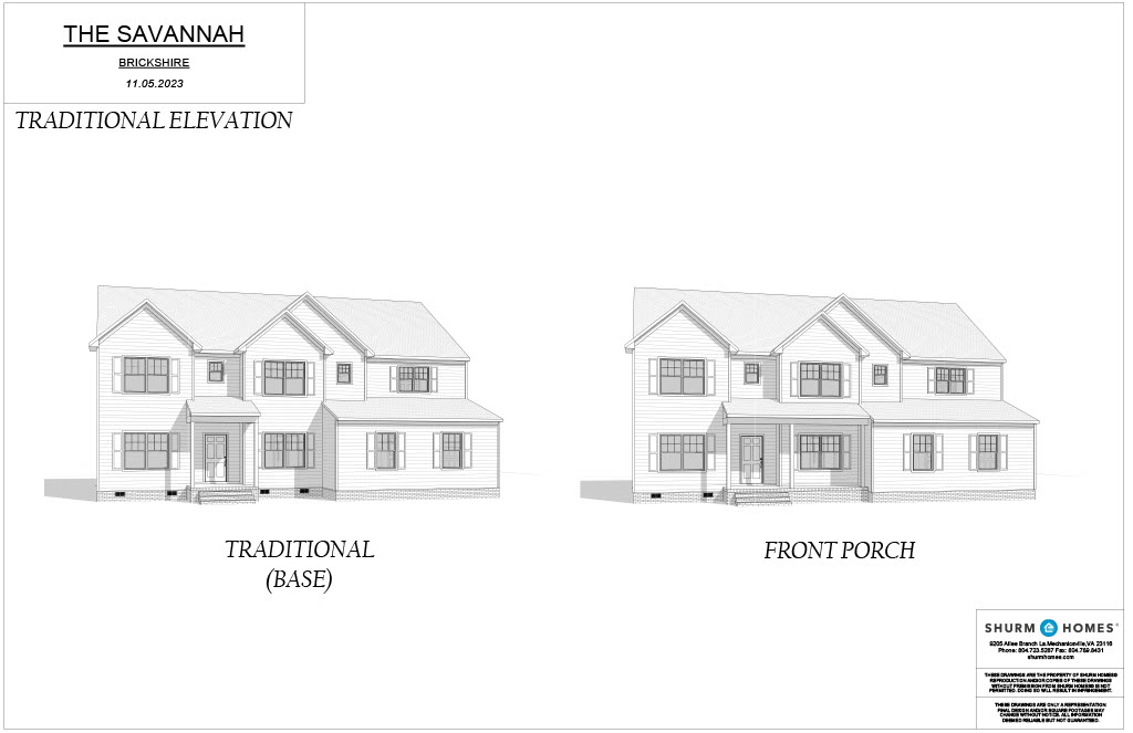 Architectural drawing showing two house elevations labeled "Traditional (Base)" and "Front Porch," for a project titled "The Savannah.