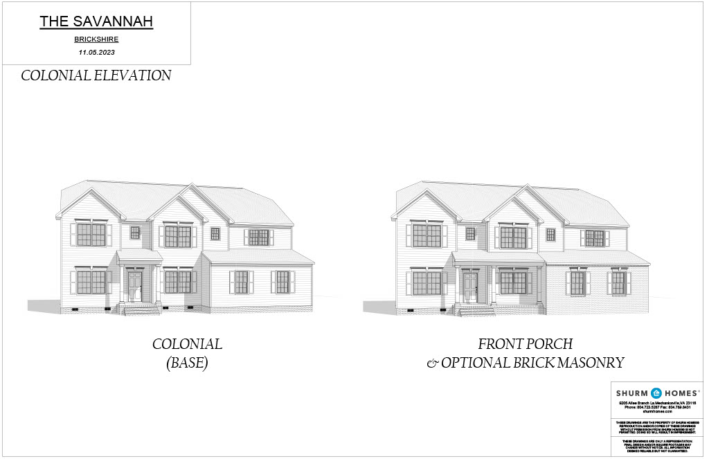 Architectural drawings of a two-story colonial-style house, showing a base design and an optional design with a front porch and brick masonry.