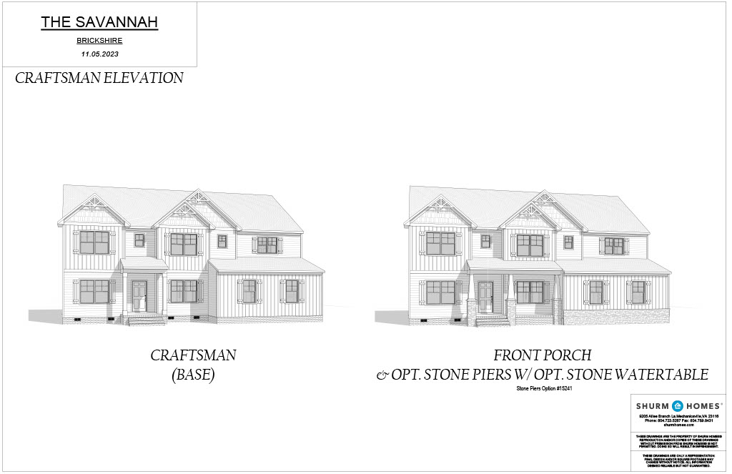 Architectural drawings of a two-story house labeled "The Savannah." Left image: Craftsman (Base); Right image: Front Porch & Opt. Stone Piers w/ Opt. Stone Watertable. Shurm Homes logo included.