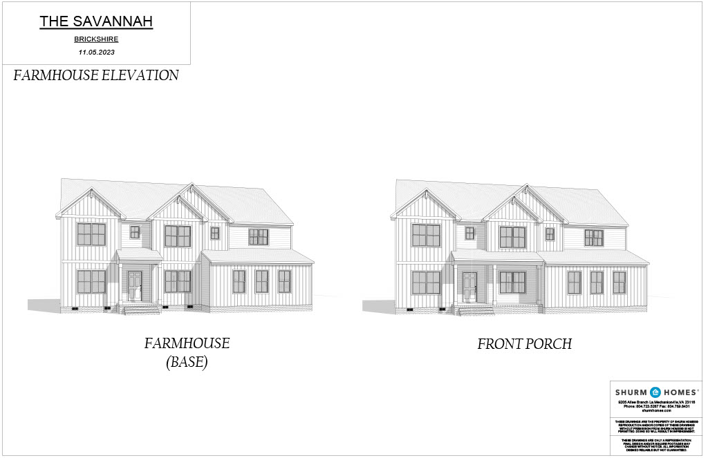 Architectural drawing of a farmhouse with labeled front porch and base design, titled "The Savannah.