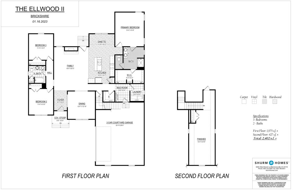 Discover the floor plan for The Ellwood II at Brickshire, showcasing the layout of both floors, including spacious bedrooms, modern bathrooms, a gourmet kitchen, inviting family room, and a convenient garage.
