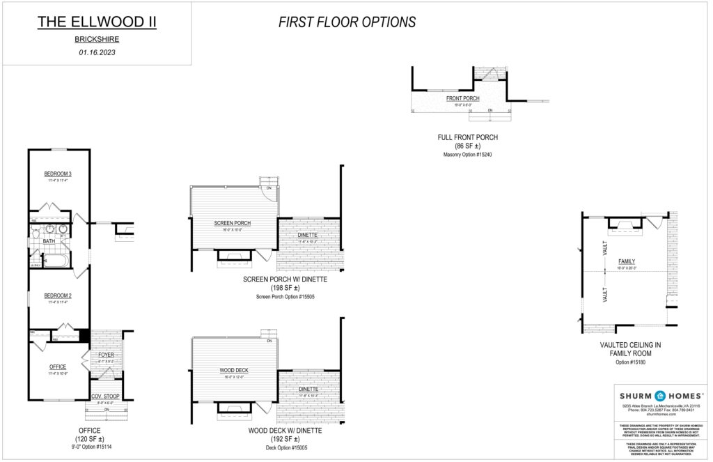 Discover the blueprint layout for "The Ellwood II" at Brickshire, offering first-floor options like a full front porch, screen porch, wood deck, and a vaulted ceiling in the family room.