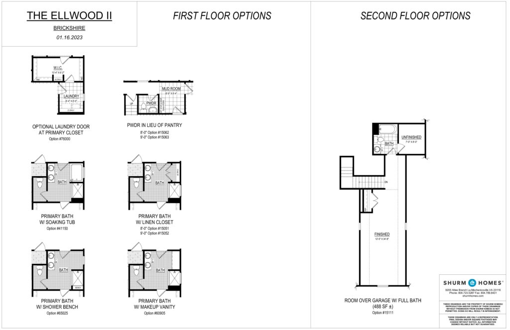 Explore the Brickshire neighborhood with The Ellwood II's floor plan options, dated 01.16.2023. Discover first and second-floor variations featuring diverse bath and laundry configurations tailored to your needs.
