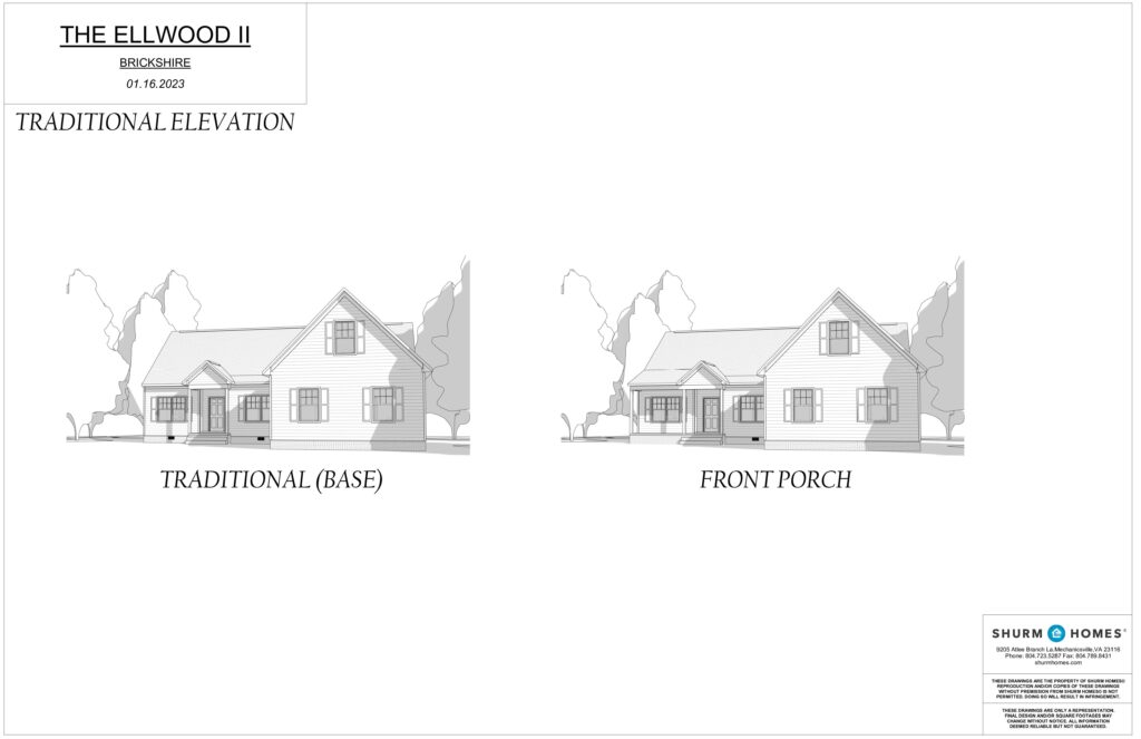 Architectural drawing showcasing "The Ellwood II" house design in Brickshire, featuring traditional (base) and front porch elevations. The company logo is elegantly placed in the corner.