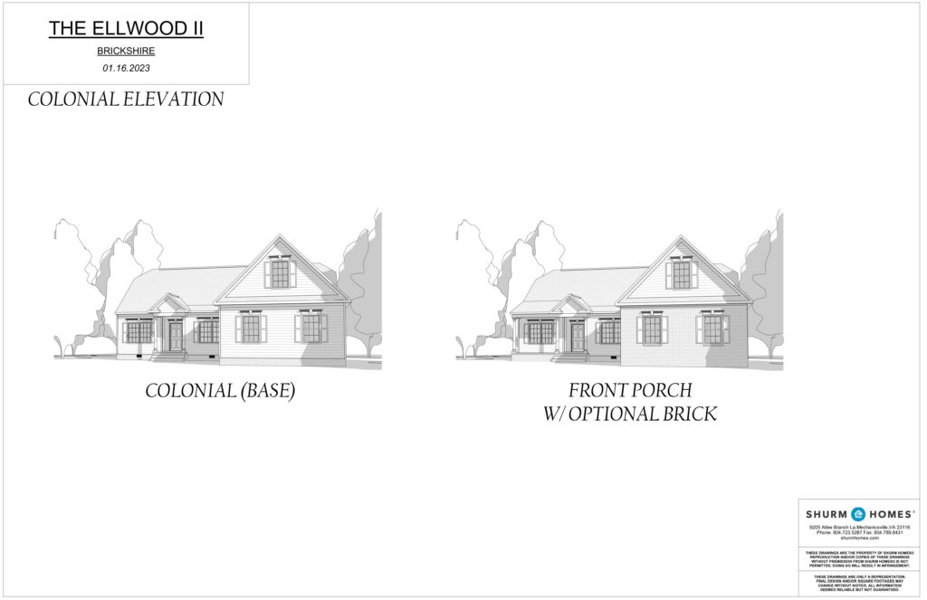 The blueprint of the house showcases two versions: the Ellwood II colonial base design and a charming Brickshire front porch option with brick accents.