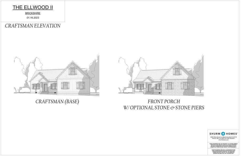 Architectural drawings of a Craftsman-style house, the Ellwood II, offer two options: the base design and a variant with a front porch featuring optional stone piers. Add timeless elegance to your home with Brickshire's refined aesthetic and attention to detail.