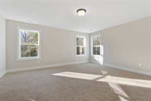 A bright, empty room with beige carpet, white walls, two windows with a view of trees, and a ceiling light fixture.