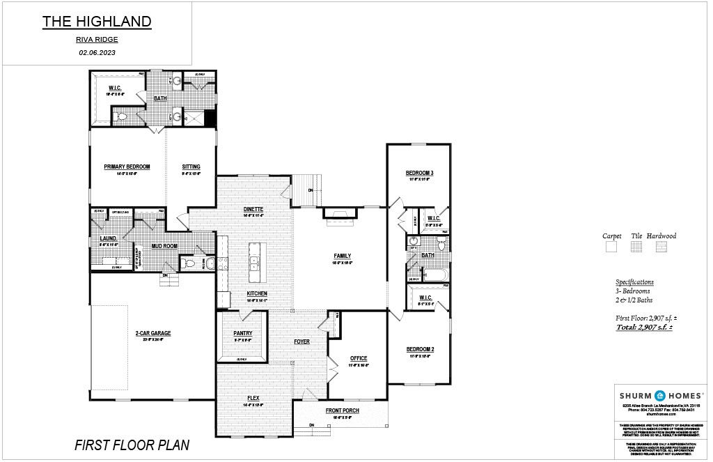 Floor plan of "The Highland" showing layout with family room, kitchen, dining area, bedrooms, bathrooms, garage, and porch. Includes room dimensions and total area of 3,079 sq. ft.