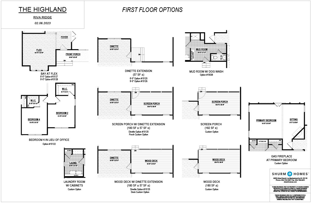 Floor plans showing first-floor options for "The Highland," including various room configurations and extensions like mudroom, screen porch, laundry room, and fireplace.