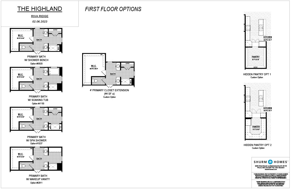 Layout options for the first floor of "The Highland" at Riva Ridge. Includes five primary bath designs and two hidden pantry variants.