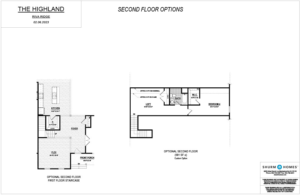 Floor plan for "The Highland" at Riva Ridge, depicting first-floor staircase with optional second floor, featuring a loft, bedroom, bath, and storage, dated 02.06.2023 by Shurm Homes.