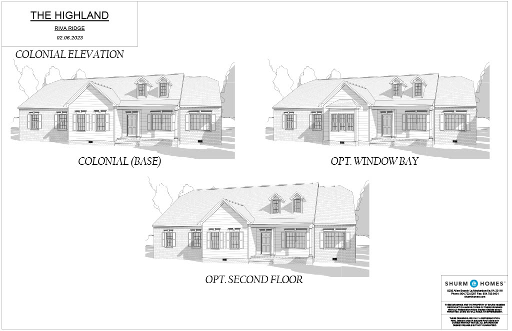 Architectural drawings of "The Highland" model, featuring three elevations: Colonial base, optional window bay, and optional second floor.