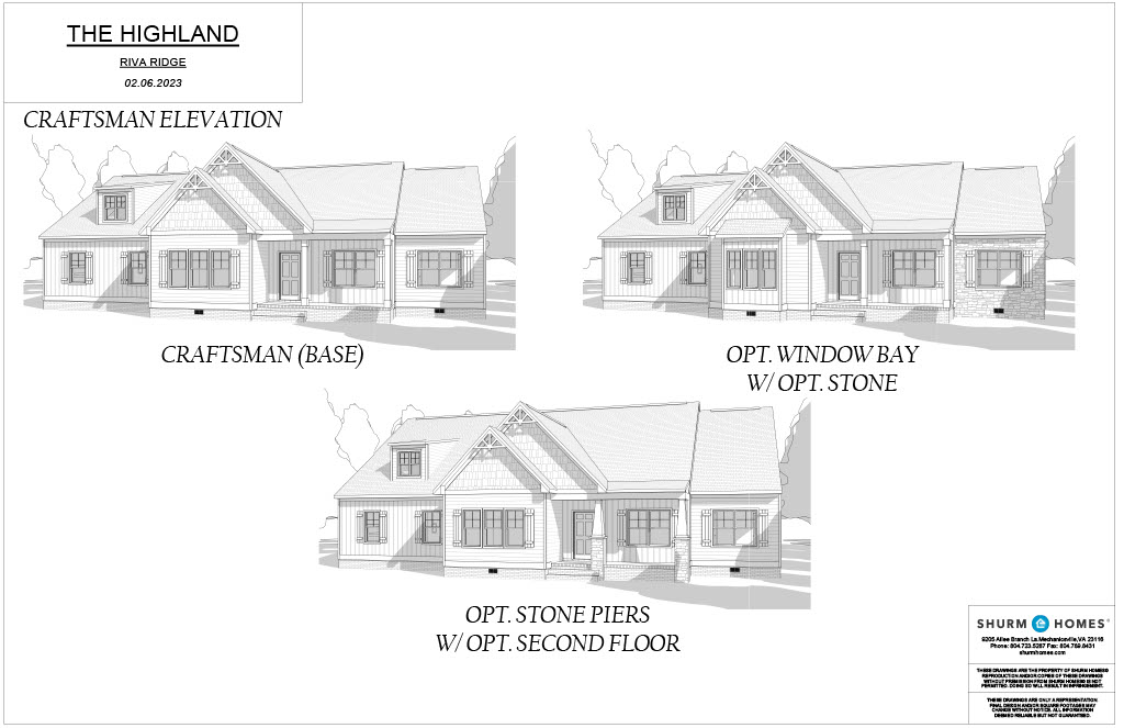 Architectural renderings of "The Highland" show three versions: Base Craftsman, with optional window bay and stone, and with optional stone piers and second floor.