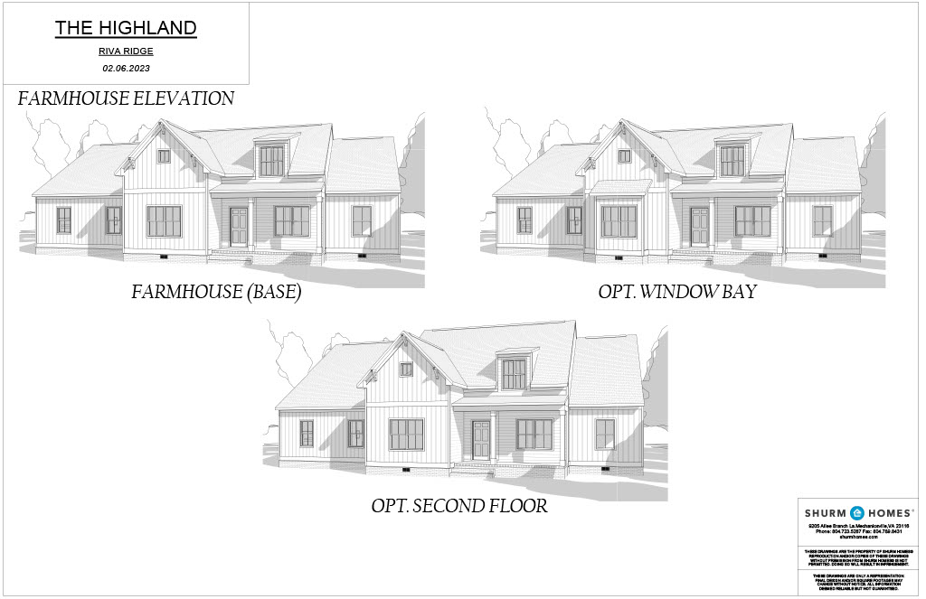 Black and white architectural plans showing three farmhouse elevations: base, optional window bay, and optional second floor. Logo at bottom right.
