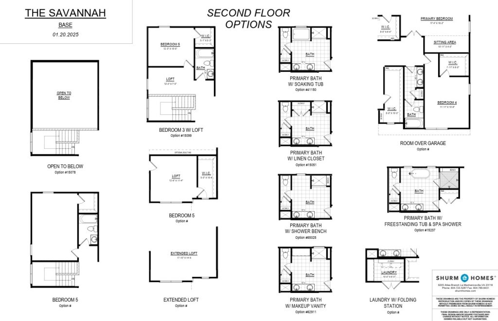 Blueprint of a house, showcasing second floor options with various bedroom and bathroom layouts inspired by the Savannah.