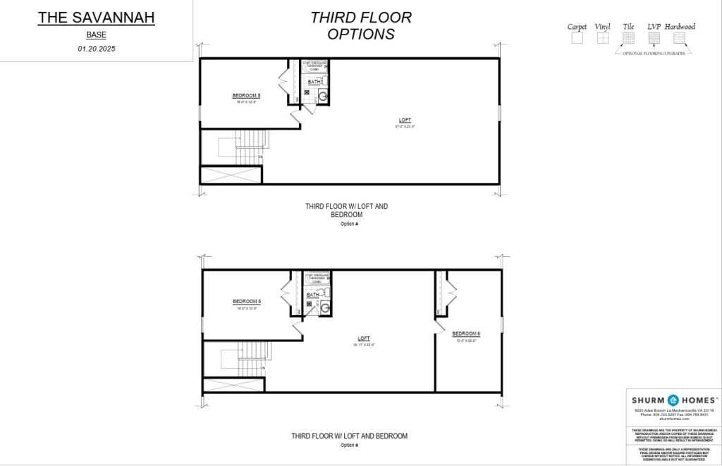 Blueprint of third floor options for The Savannah, showcasing bedrooms, lofts, and elegant staircases.