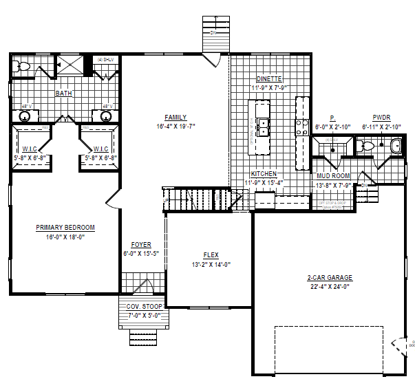 Black and white floor plan of a house showing rooms, labels, doors, windows, and dimensions throughout.