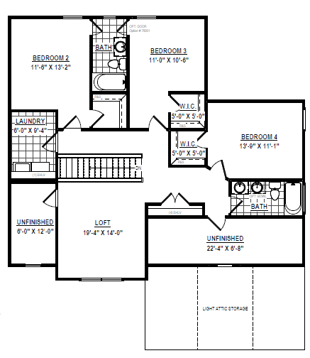 Second floor plan with four bedrooms, three bathrooms, a loft, laundry, and two unfinished rooms.
