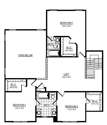 Upstairs Manchester floor plan features four bedrooms, loft area, three bathrooms, and multiple walk-in closets.