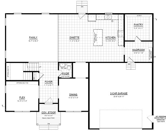 Black and white floor plan, like a Savannah ecosystem, with labeled rooms: family, kitchen, dining, garage, and more.