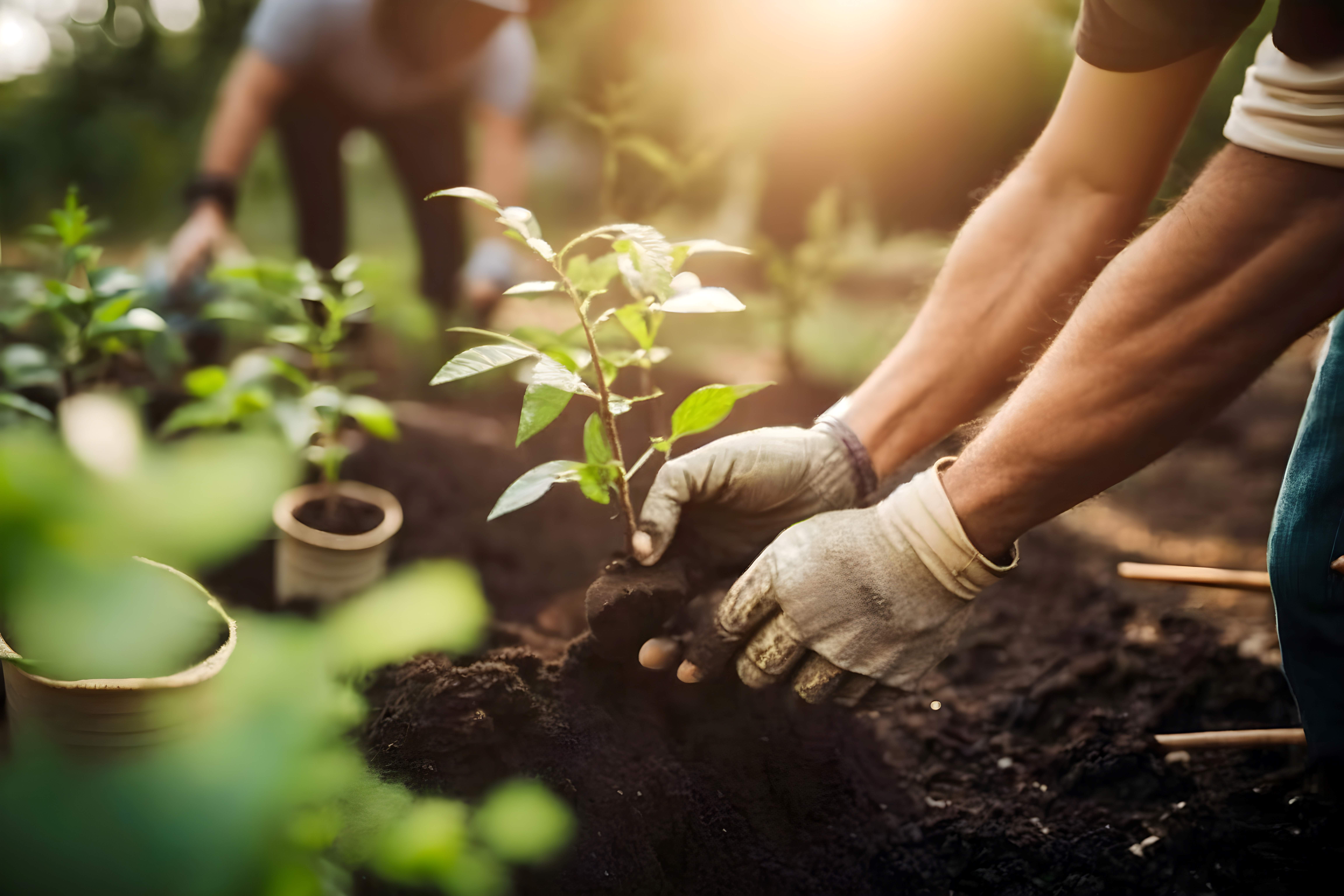 Two people plant seedlings in a garden, wearing gloves and surrounded by small potted plants, with sunlight filtering through the trees in the background.