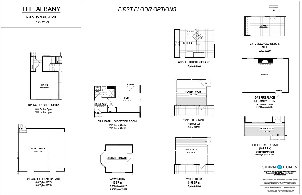 Blueprint of the Albany model's first floor options includes dining room, kitchen island, bath, garage, bay window, porch, sunroom, deck, gas fireplace, and extended kitchen cabinets.