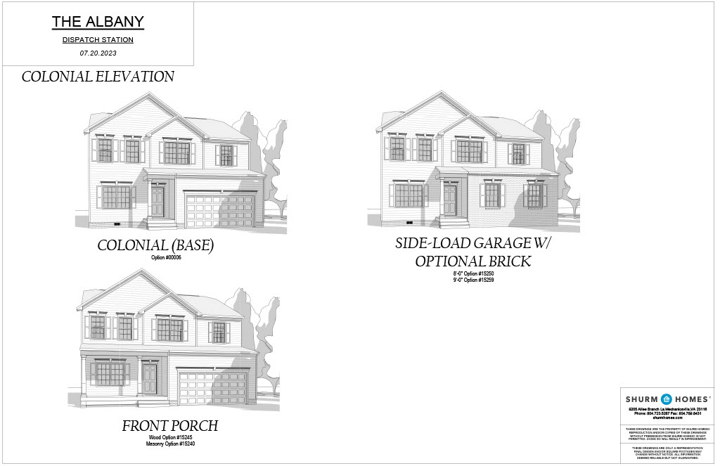 Architectural rendering of "The Albany" with three variations: Colonial (base), Colonial with front porch, and Side-Load Garage with optional brick. Includes measurements and Shurm Homes branding.