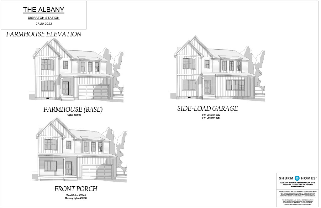 Architectural blueprint showing three elevations of "The Albany" home project: Farmhouse Base, Farmhouse Elevation, with a Front Porch, and with a Side-Load Garage. Dated 07/20/2023.