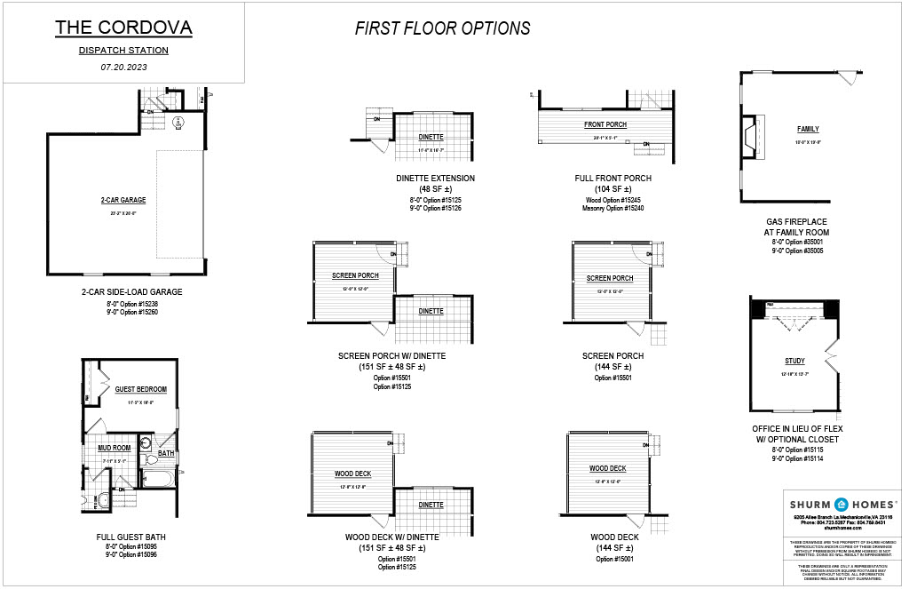 Floor plan of first-floor options for The Cordova, featuring various configurations for a dinette, porches, decks, a fireplace, guest bath, and an office. Includes a 2-car side-load garage.