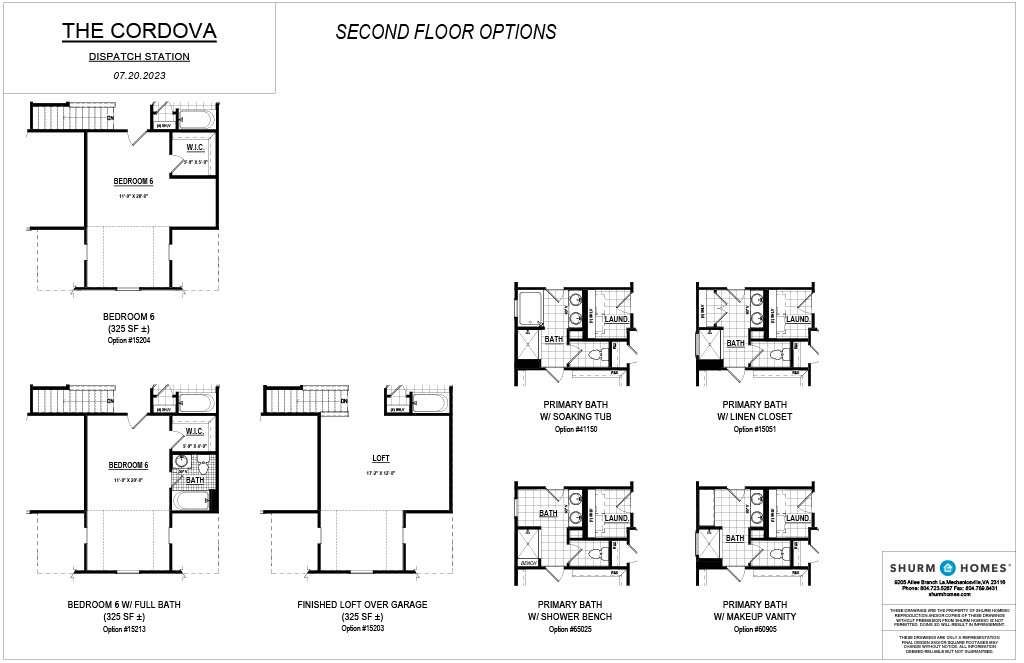 Blueprint with second-floor options for "The Cordova" house by Shurm Homes, showing various layouts for bedrooms, bathrooms, and a finished loft over the garage. Dated 07.20.2023.