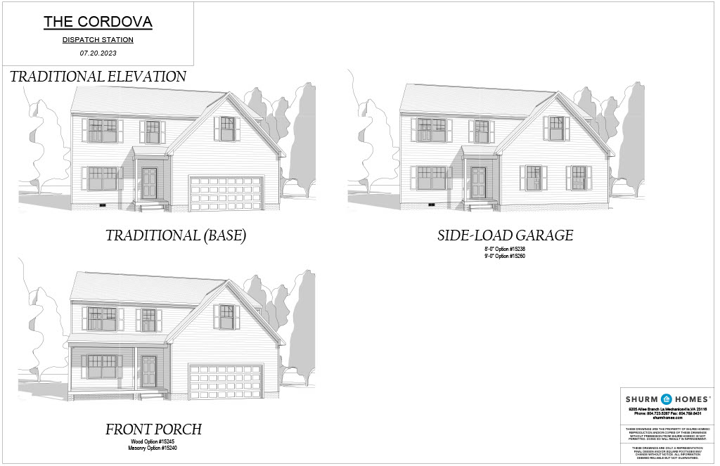 Architectural plans for "The Cordova" showing three variations: Traditional Elevation, Side-Load Garage, and Front Porch. Created by Shurm Homes for Dispatch Station, dated 07.20.2023.