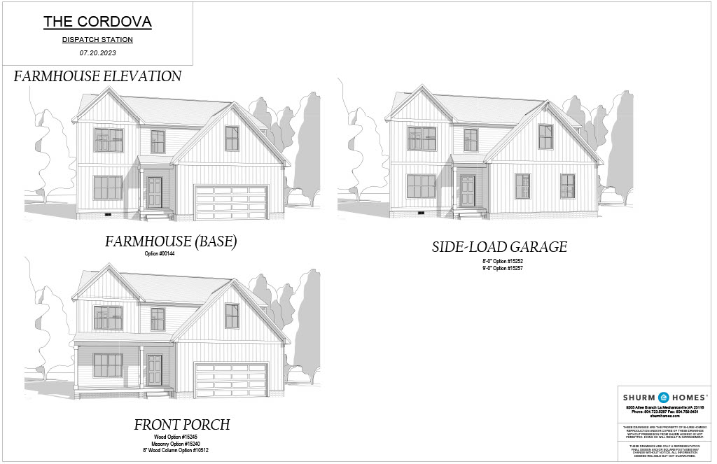 Architectural design of "The Cordova" featuring the front and side elevations with farmhouse elements. Includes optional front porch and side-load garage. Design date: 07-20-2023 by Shurm Homes.