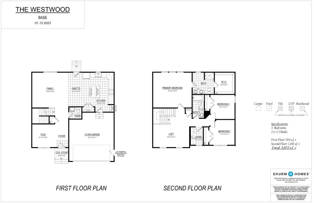 Explore the floor plan of this Westwood two-story house, featuring labeled rooms, a garage, and detailed specifications for carpet, vinyl, tile, and hardwood.