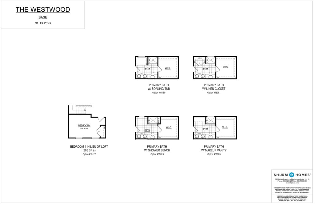 Blueprint showing floor plans for The Westwood base model with optional configurations for bathrooms, a bedroom, and a dispatch station.