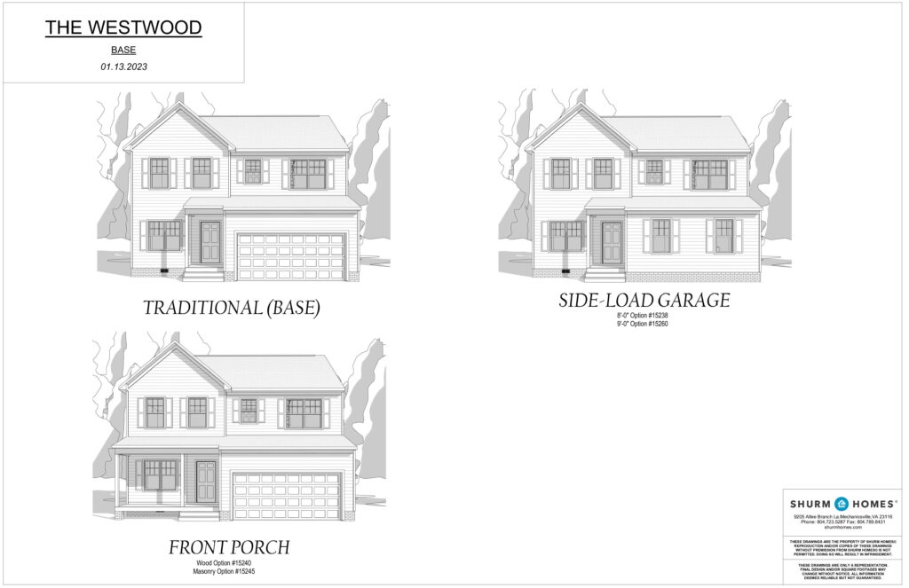 Architectural drawing of three house styles: Traditional, Side-Load Garage, and Front Porch, each labeled under the Westwood collection.