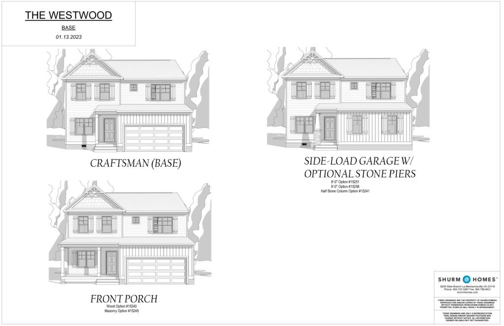 Architectural design options for a Westwood home: Craftsman (base), side-load garage, and charming front porch styles.